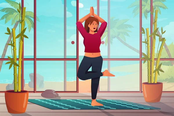 Concepto de sala de yoga en diseño plano de dibujos animados. Mujeres haciendo asana, ejercitando la habilidad de equilibrio o meditando de pie en la estera en el estudio con ventana y plantas. Ilustración vectorial con fondo de escena de personas — Vector de stock