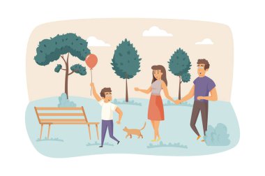 Family walking at park together scene. Mom and dad holding hands, son playing with balloon. Parents and children, outdoor activity concept. Illustration of people characters in flat design