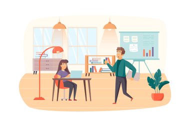 Content managers at office scene. Colleagues discussing content strategy, working on laptop, do work tasks. SEO optimization, promotion concept. Illustration of people characters in flat design