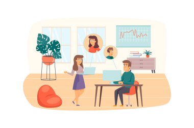 Man and woman make video calls in office scene. Colleagues communicate at video conference at laptop screens. Communication technology concept. Illustration of people characters in flat design