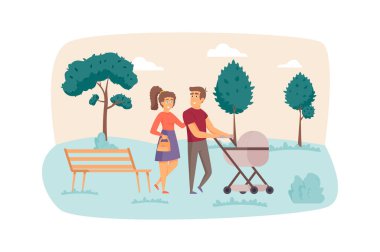 Father and mother with baby in stroller walk in park. Happy young family with baby scene. Pregnancy, childhood, maternity, parenthood concept. Illustration of people characters in flat design