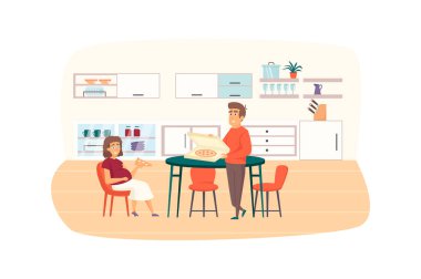 Young family eating at kitchen together scene. Pregnant woman eat pizza with her husband. Pregnancy, childhood, maternity, parenthood concept. Illustration of people characters in flat design