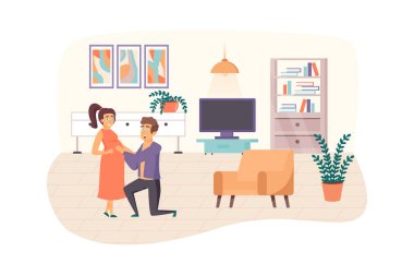 Young family expecting baby born scene. Husband embracing pregnant belly of his wife. Pregnancy, childhood, maternity, parenthood concept. Illustration of people characters in flat design