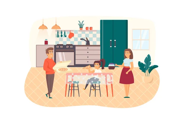 Family eating pizza in kitchen together scene. Father, mother and daughter have dinner or lunch at dining table. Parents and children concept. Illustration of people characters in flat design — Stockfoto