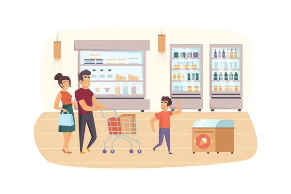 Family shopping in supermarket together scene. Mother, father and son buy food at grocery store. Parent and children, daily routine concept. Illustration of people characters in flat design — 스톡 사진