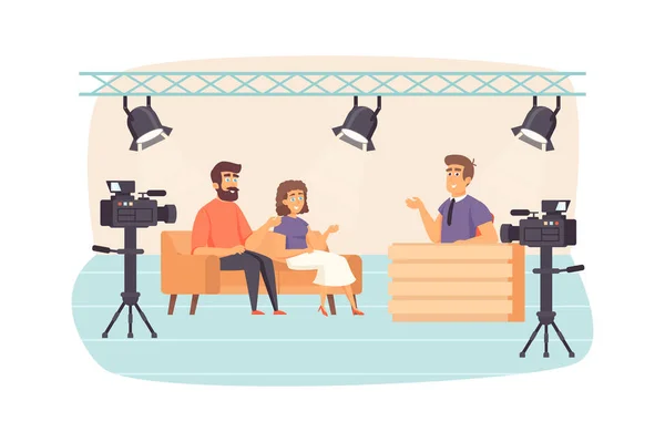 Filming television talk show scene. Presenter interviewing guests at studio, cameras recording video. Journalism, mass media and press concept. Illustration of people characters in flat design — Fotografia de Stock