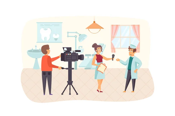 Journalist interviewing doctor scene. Operator filming report, female reporter talking with physician. Journalism, mass media and press concept. Illustration of people characters in flat design — Zdjęcie stockowe