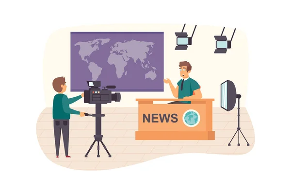 Filming television world news program scene. Operator recording video with man presenter at studio. Journalism, mass media and press concept. Illustration of people characters in flat design — Stockfoto