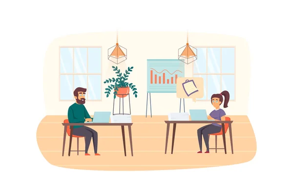 Team of content managers works on laptops in office scene. Creation content plan, website management, promotion in social networks concept. Illustration of people characters in flat design — Stock fotografie