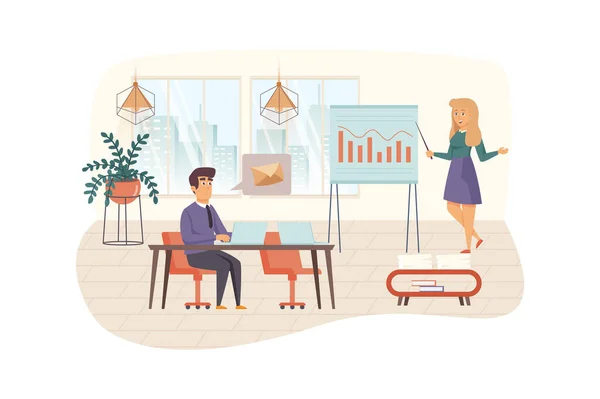 Team of content managers works in office scene. Man writes text on laptop. Woman analyzes website statistics. Content plan, promotion concept. Illustration of people characters in flat design — Stok fotoğraf