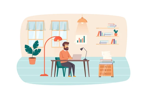 Content manager working on laptop at office scene. Man analyzes site statistics, creates content plan. SEO optimization, promotion concept. Illustration of people characters in flat design