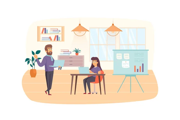 Content managers working at office scene. Colleagues discuss content plan, do work tasks. SEO optimization, social networks promotion concept. Illustration of people characters in flat design —  Fotos de Stock