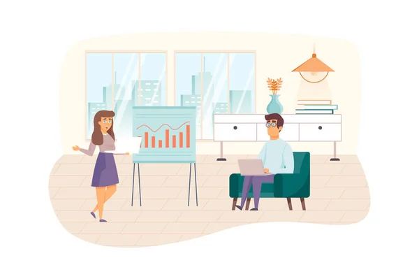 Teamwork of content managers scene. Colleagues discussing website statistics, create content strategy. SEO optimization, promotion concept. Illustration of people characters in flat design — Stok fotoğraf