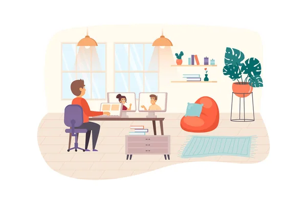 Video conferencing at home scene. Man having video call meeting with colleagues or friends. People connecting via online technologies concept. Illustration of people characters in flat design — Zdjęcie stockowe