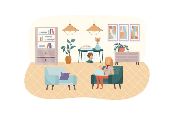 Video conferencing at home scene. Woman have video call meeting at laptop sitting at living room. People connect, online technologies concept. Illustration of people characters in flat design — Stock Photo, Image