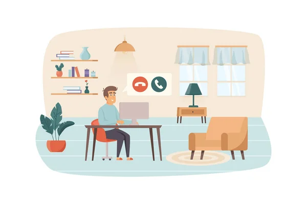 Man makes video calls from computer sitting in room at home office scene. Video conference, communication technology, remote work concept. Illustration of people characters in flat design — Foto de Stock