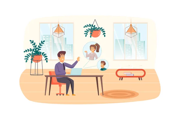 Man talks with colleagues on video conference from home office scene. Businessman communicate online with partners. Video calling work concept. Illustration of people characters in flat design — Foto Stock