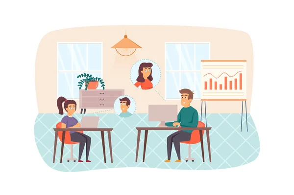 Video conference in office scene. Man and woman make video calls from laptops and communicate with colleagues. Communication technology concept. Illustration of people characters in flat design — Zdjęcie stockowe