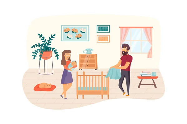 Happy young family with baby scene. Mother holding newborn kid, dad preparing crib. Pregnancy, childhood, maternity and parenthood concept. Illustration of people characters in flat design — Foto Stock