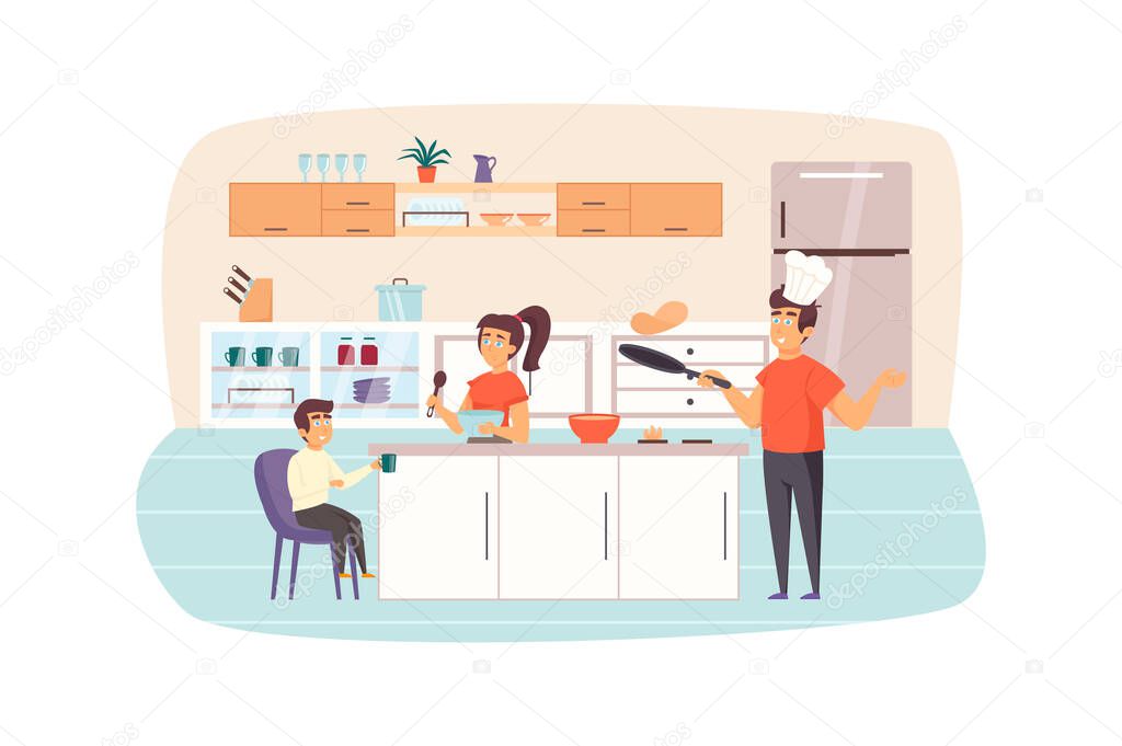 Family cooking breakfast in kitchen together scene. Mother prepares dough, father bakes pancakes, son drinks tea. Parents and children concept. Illustration of people characters in flat design