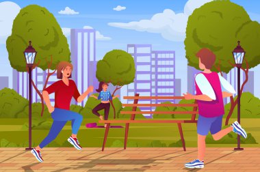 Outdoor workout concept in flat cartoon design. Men and women train in city park, run or do yoga asanas. Healthy lifestyle and sports activities. Illustration with people scene background