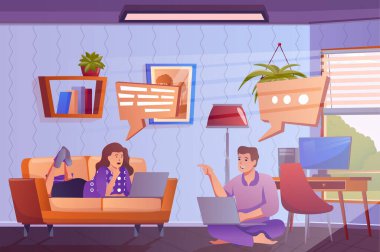 Remote education concept in flat cartoon design. Teenagers boy and girl doing homework on laptops and studying online together in room. Distance learn. Illustration with people scene background