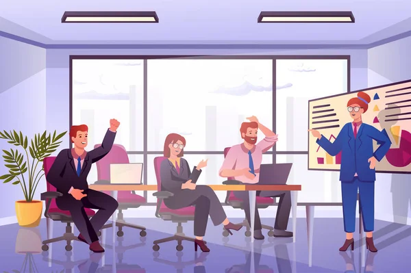 Conference hall concept in flat cartoon design. Colleagues sitting in room, brainstorming and discuss work tasks. Men and women employees communicate. Illustration with people scene background — Stok fotoğraf