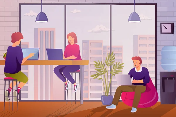 Concepto de oficina de coworking en diseño plano de dibujos animados. Los empleados trabajan en computadoras portátiles, colegas sentados en lugares de trabajo en coworking. Colaboración y trabajo en equipo. Ilustración con fondo de escena de personas — Foto de Stock