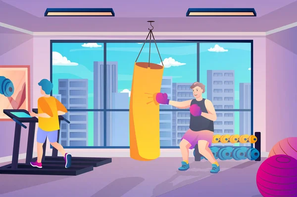 Gym fitness concept in flat cartoon design. Men are running on treadmill or boxing in sports club. Healthy lifestyle and workout training in gym. Illustration with people scene background — Stock fotografie