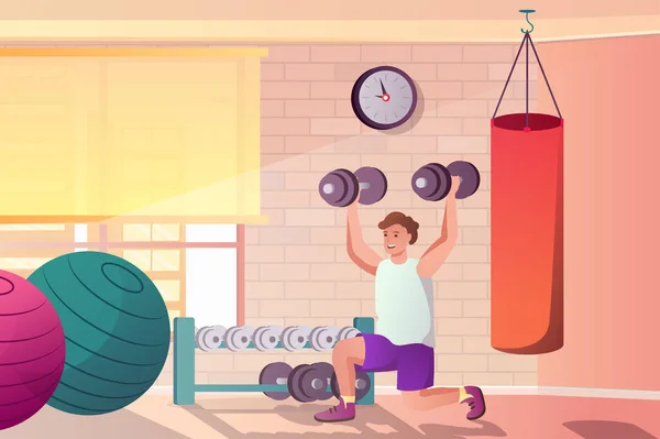 Workout at gym concept in flat cartoon design. Man doing exercises with dumbbells in sports club, doing weightlifting and strength training at gym. Illustration with people scene background — Stock fotografie