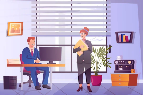 Office workers concept in flat cartoon design. Man works at computer, woman holds documents. Employees team communicate and discuss working tasks. Illustration with people scene background —  Fotos de Stock