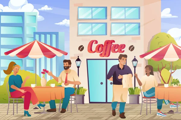 Street cafe exterior with visitors concept in flat cartoon design. Men and women drinking coffee sitting at tables outdoors, waiter serving customers. Illustration with people scene background — Stock fotografie