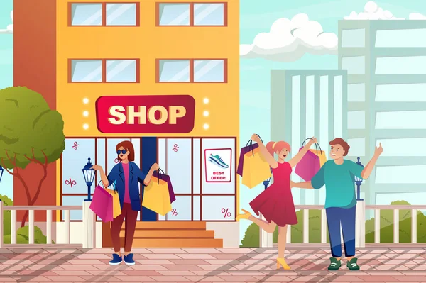 Street shopping with customers concept in flat cartoon design. Men and women buyers with bags walking near stores and making purchases at sales. Illustration with people scene background — Stockfoto