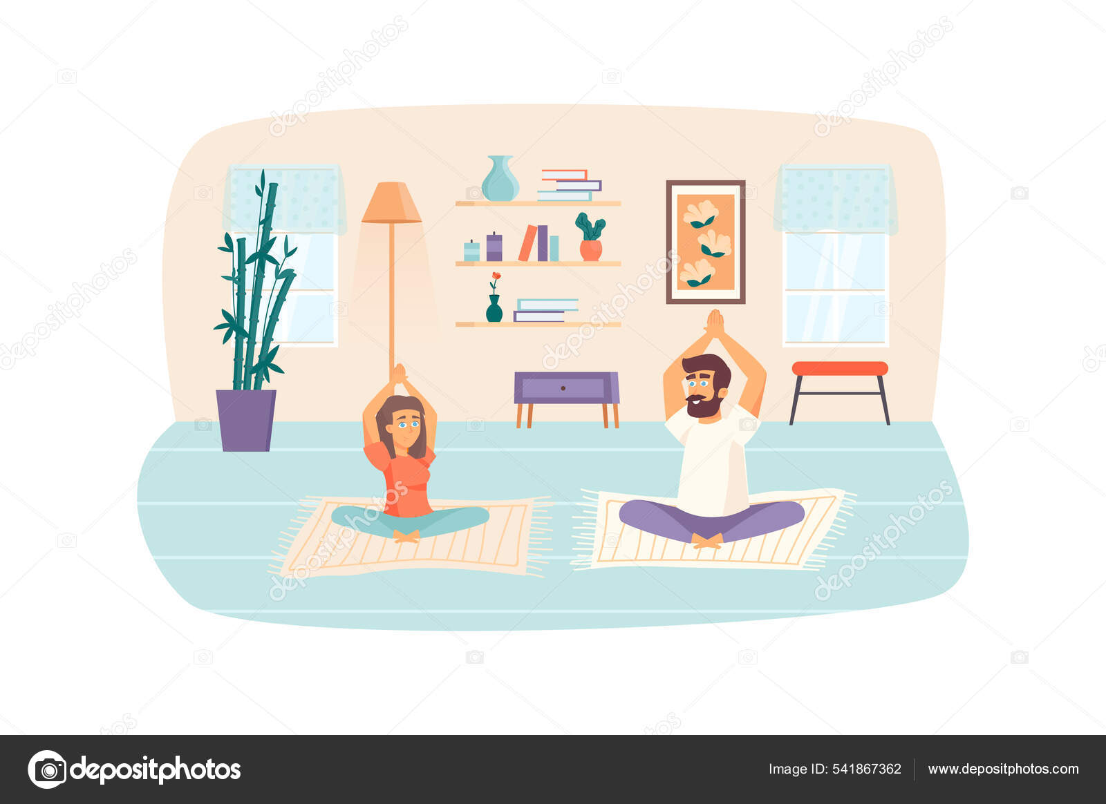 Hombre y mujer haciendo pose de loto. Pareja practicando yoga asanas  escena. Entrenamiento en casa, actividades deportivas, meditación, concepto  de estilo de vida saludable. Ilustración de personajes de personas en  diseño plano: