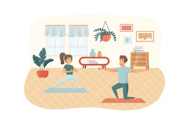 Kadın ve erkek, odada yoga yapıyor. Asana pozu veren çift. Ev çalışması, spor aktiviteleri, eğitim, sağlıklı yaşam tarzı konsepti. Düz dizaynlı insanların tasviri