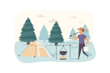 Kamp çadırında dinlenen adam. Yaz kampında kamp ateşinde yemek pişiren bir turist. Doğa yürüyüşü, açık hava pikniği, tatil, turizm kavramı. Düz dizaynlı insanların tasviri