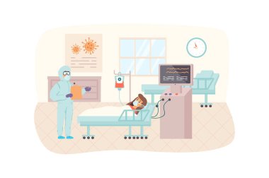 Koruyucu kıyafetli doktor hastaneye kaldırılan hastaları ziyaret ediyor. Coronavirus ya da viral enfeksiyonu olan kadın koğuşta yatıyor. Tıp merkezi konsepti. Düz dizaynlı insanların tasviri