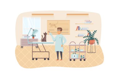 Veteriner kliniği sahnesi. Veteriner muayenesi ve aşılanmış kedi. Doktorun ofisinin içi. Veteriner, hayvan sağlığı, tıbbi konsept. Düz dizaynlı insanların tasviri