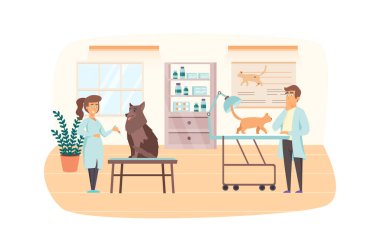Veteriner kliniği sahnesi. Veterinerler kedi ve köpeği inceliyor. Tıp bürosu içi. Veteriner, hayvan aşısı, sağlık konsepti. Düz dizaynlı insanların tasviri