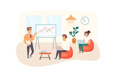 İş görüşmesi sahnesi. Ofis müdürü iş arkadaşlarıyla iletişim kurar, brifing verir, ofis işlerini organize eder. Yönetim, yönetim kavramı. Düz dizaynlı insanların tasviri