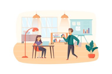 Ofis müdürü ofis çalışma sahnesini düzenler. Dizüstü bilgisayarda çalışan bir çalışan. Yönetim, yönetim, iş akışı optimizasyon konsepti. Düz dizaynlı insanların tasviri