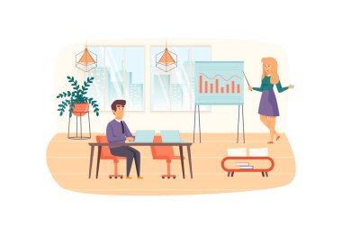 Ofis müdürü sunum sahnesini sunar. Meslektaşımla brifing, beyin fırtınası. Yönetim iş akışı, örgütsel meseleler konsepti. Düz dizaynlı insanların tasviri