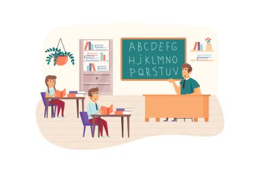 İngilizce dersi sahnesi. Öğretmen konuyu açıklıyor, tahtaya alfabe yazıyor. Öğrenciler sınıfta otururlar. İlköğretim, okul konseptine dönüş. Düz dizaynlı insanların tasviri
