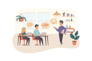 İş eğitimi sahnesi. Koç ofis personeline seminer verir, takım oluşturur. Mesleki becerileri, eğitimi, kariyer gelişimi kavramını geliştirmek. Düz dizaynlı insanların tasviri