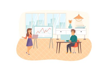 İş eğitimi sahnesi. Koç öğretmenliği, profesyonel becerileri geliştirme, ofis çalışanları için çalışma motivasyonu. Eğitim, kariyer gelişimi konsepti. Düz dizaynlı insanların tasviri