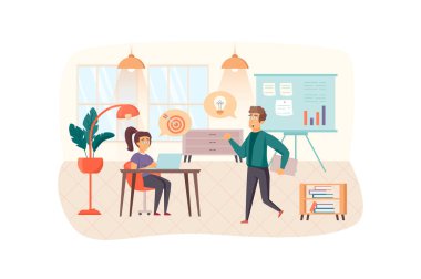 Ofis sahnesinde iş eğitimi. Meslektaşlar fikirler üretir, hedefleme, beyin fırtınası ve takım oluşturma yapar. Eğitim, kariyer gelişimi konsepti. Düz dizaynlı insanların tasviri