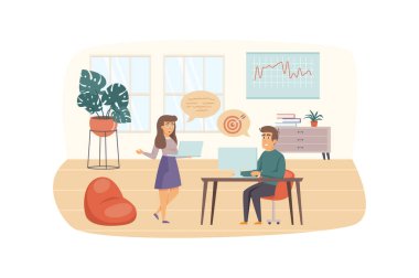 Ofis sahnesinde iş eğitimi. Meslektaşlar iş tartışır, hedef belirler, takım oluştururlar. Eğitim, kariyer gelişimi, ortaklık kavramı. Düz dizaynlı insanların tasviri