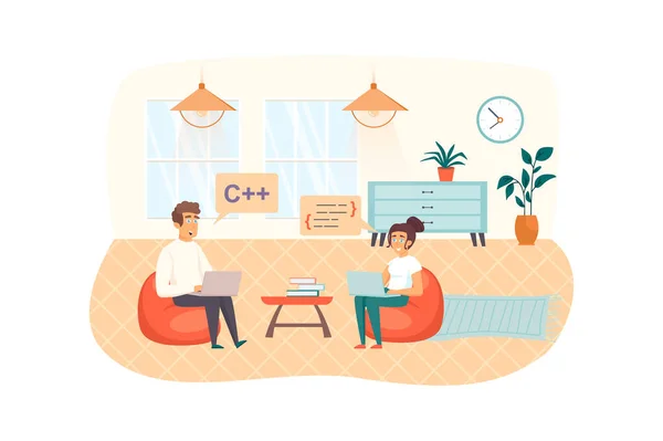 Developers testing software scene. Man and woman works on laptops in office, analyzing and fixing bugs in program code. App development concept. Illustration of people characters in flat design — Stock Photo, Image