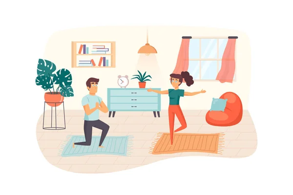 Pareja practicando yoga en la escena de la habitación. Hombre y mujer haciendo asana posa, ejerciendo fuerza y equilibrio. Entrenamiento en casa, concepto de estilo de vida saludable. Ilustración de personajes de personas en diseño plano —  Fotos de Stock