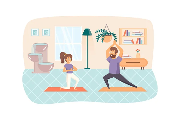 Par som tränar och utövar yoga asanas hemma. Kvinna och man tränar. Idrottsaktiviteter, meditation, hälsosam livsstil koncept. Illustration av människor tecken i platt design — Stockfoto